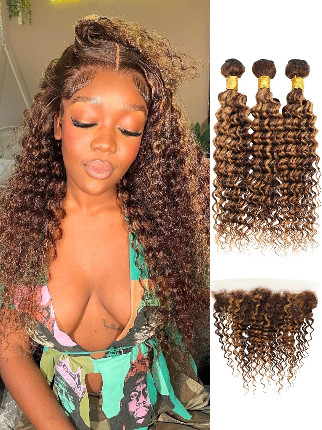 Honey Blonde Deep Wave Hair Bundles 3pcs + 13×4 HD Lace Frontal, 100% Virgin, Om