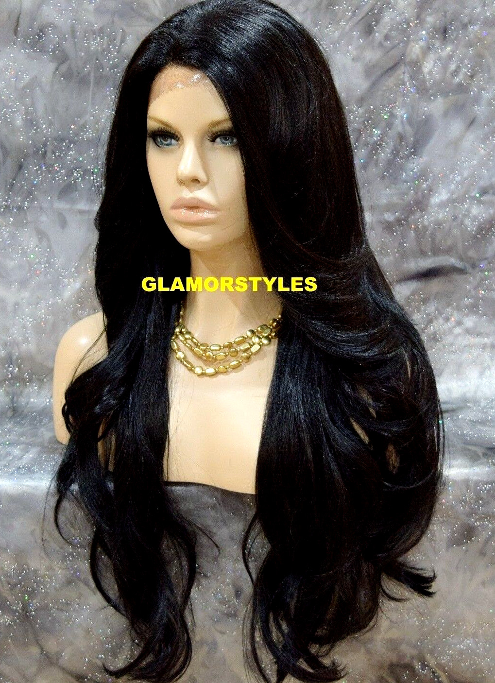 LACE FRONT FULL WIG LONG WAVY LAYERED SIDE PART OFF BLACK #1B HEAT OK NWT