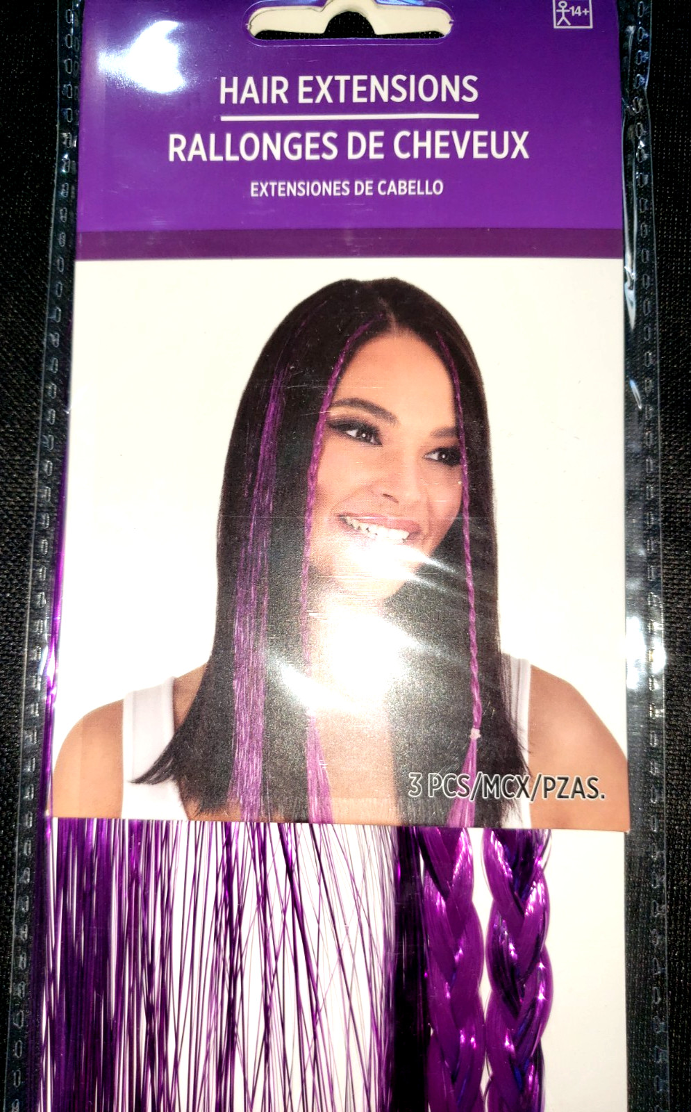 NEW NIP PURPLE METALLIC HAIR EXTENSIONS 3 CLIP 18 INCH LONG AGES 14 UP HALLOWEEN