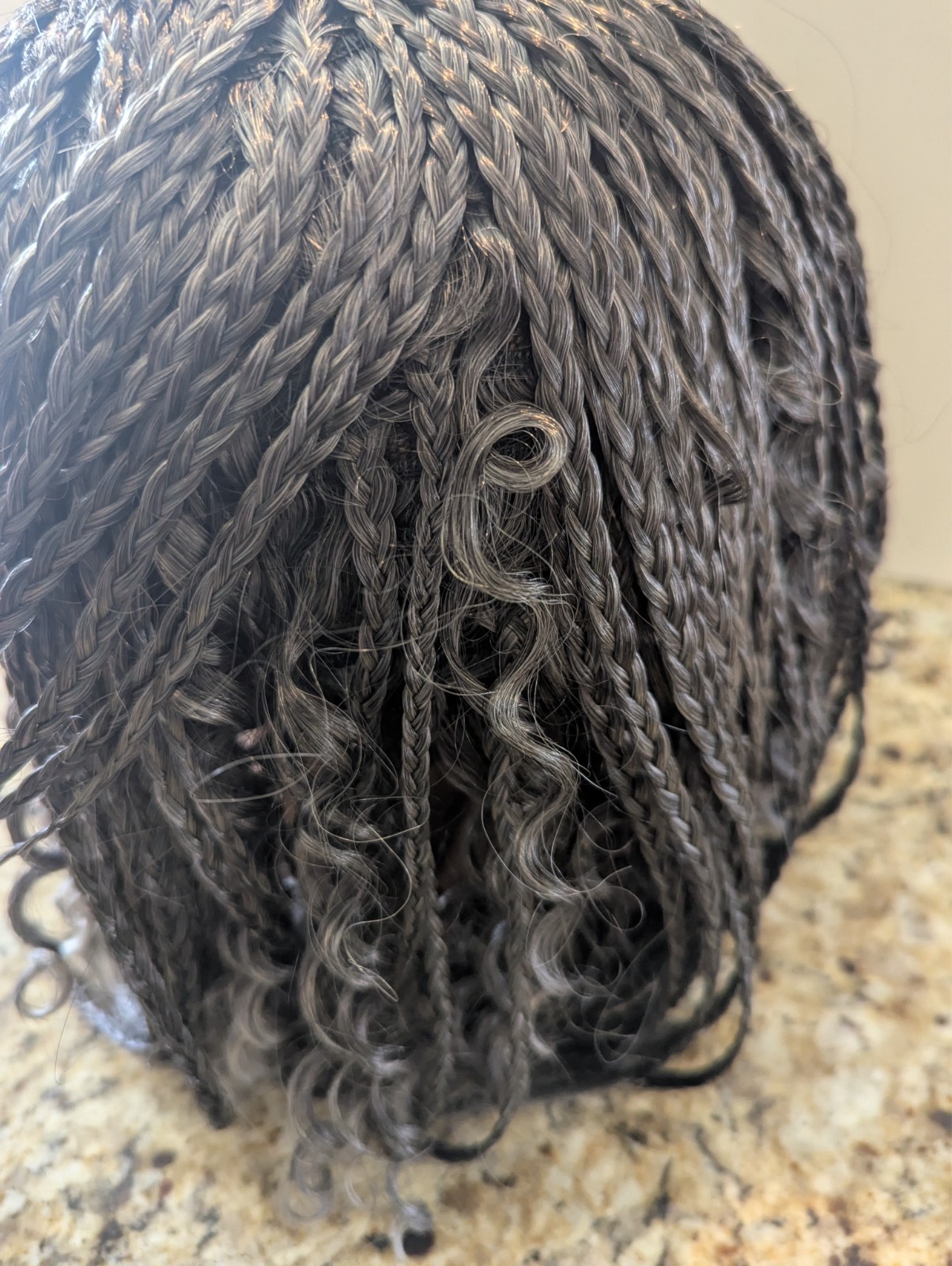 Women’s 12″ Boho Braided Hair Wig with Curls Ombre Black Grey