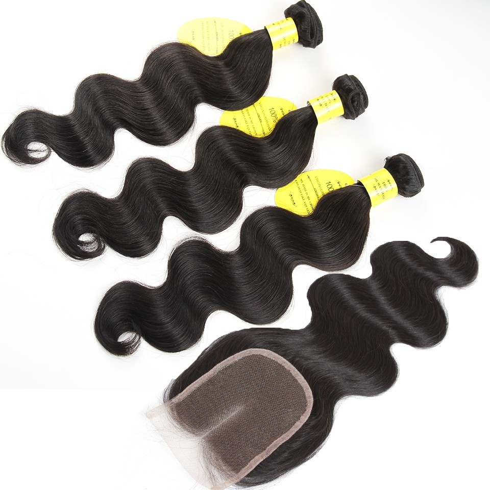 Brazilian body wave weft weave 4 bundle 18,20,22,24 with a free part closure 16