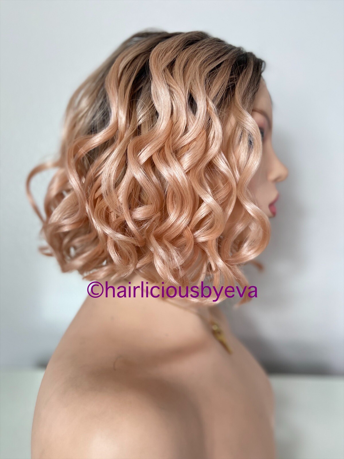 Bob Wig Curly Rose Gold Pink Ombré Middle Part Short Length Heat Resistance Ok