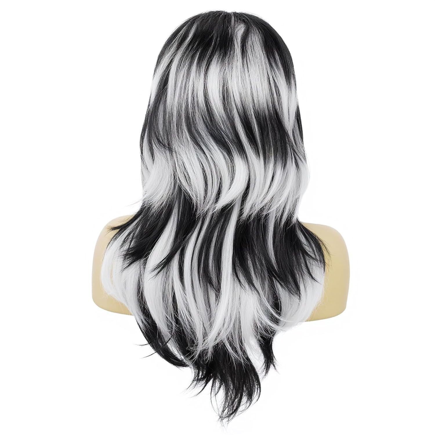 Black and White Wig Long Black White Gradient Wavy Wigs Layered Wolf Cut Vampire