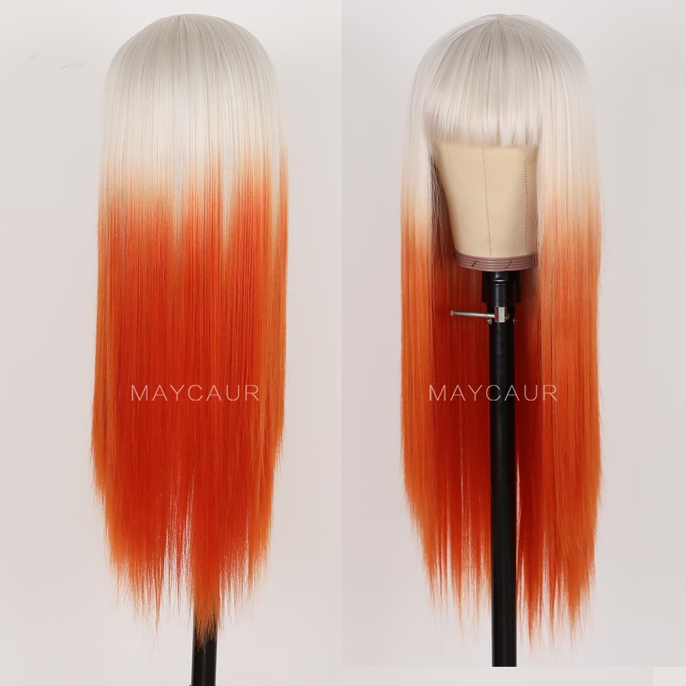 Maycaur White Orange Skunk Stripe Wigs Long Straight Synthetic Hair Wigs Full