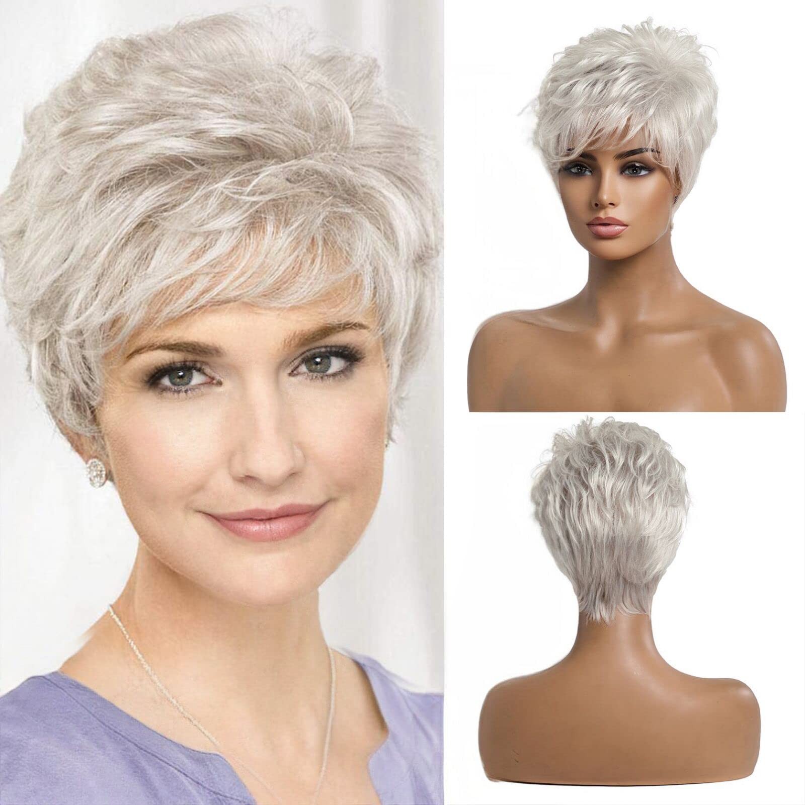 EMMOR Short Silver Grey Human Hair Wigs for Women Blend Pixie Cut Wig With Ba