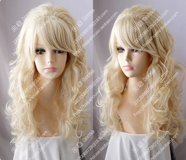 Long Curly Hair Blonde Human Hair Blend Heat Ok Women Natural Party Wigs 26In