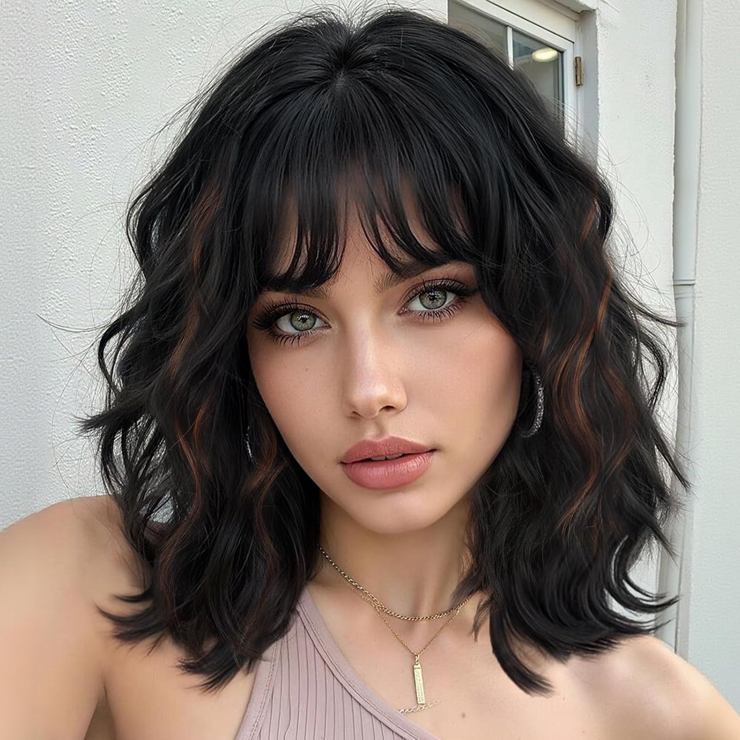 14inch Short Wavy Curly Bob Wig with Bangs Synthetic Hair for Women Black Brown