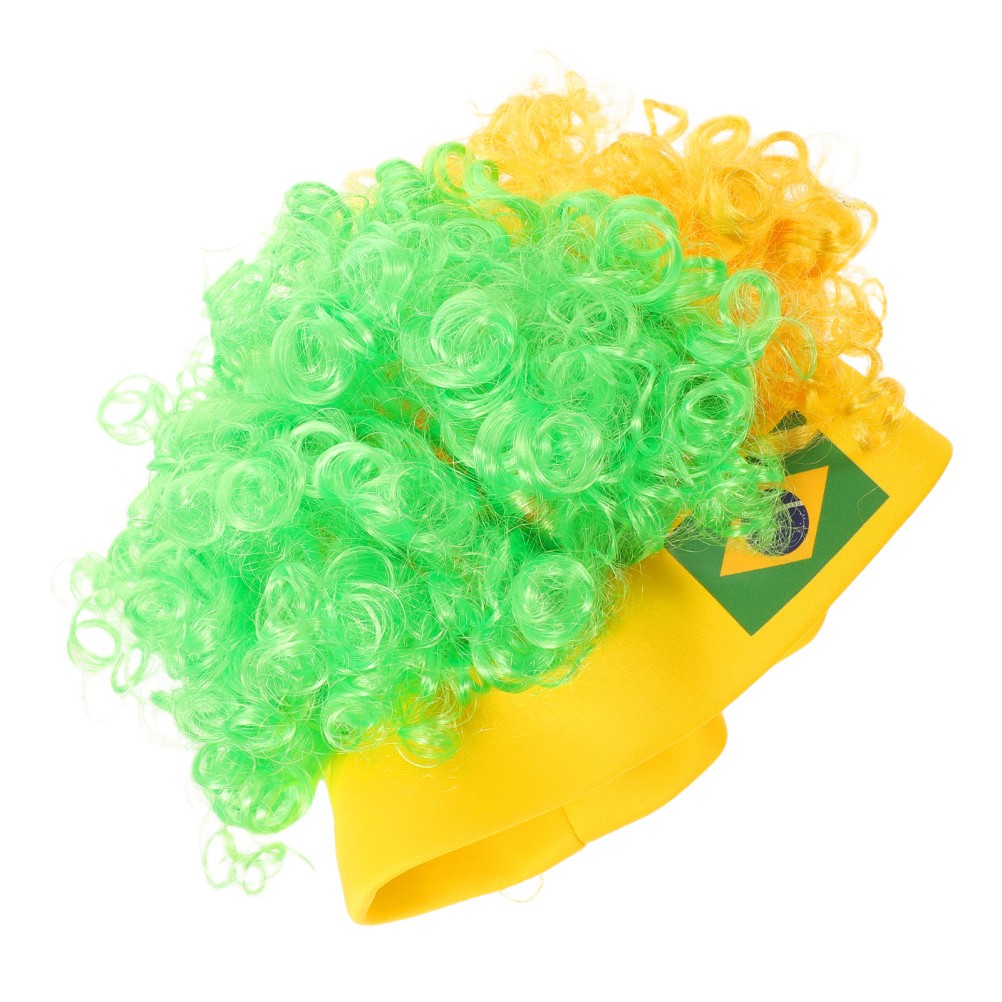 Short Curly Afro Wig: Fluffy Clown Hair Brazil Flag Color Hairy Headband Sports