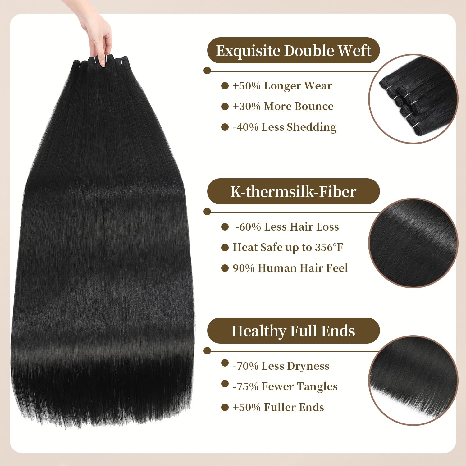 Olqzjzj Synthetic Straight Hair 3 Bundles 36 Inch 375G Dark