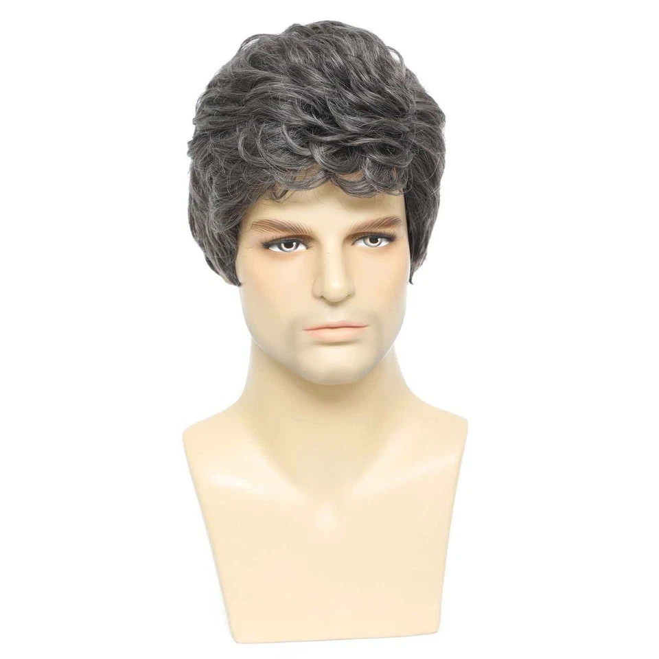 6in Men’s Short Silver Gray Wig Full Heat Resistant Synthetic Cosplay Party