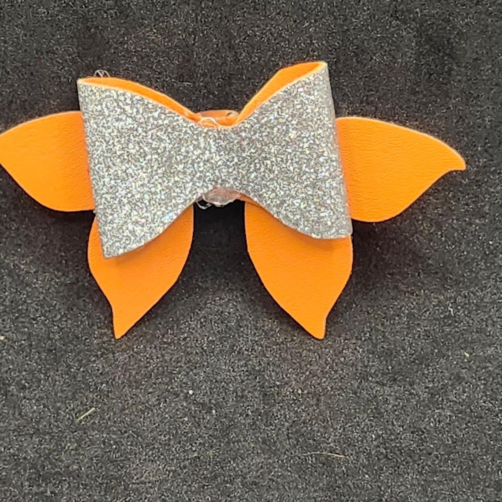 Hand Crafted Sparkling Silver and Orange Kids Hair Bow Faux Leather