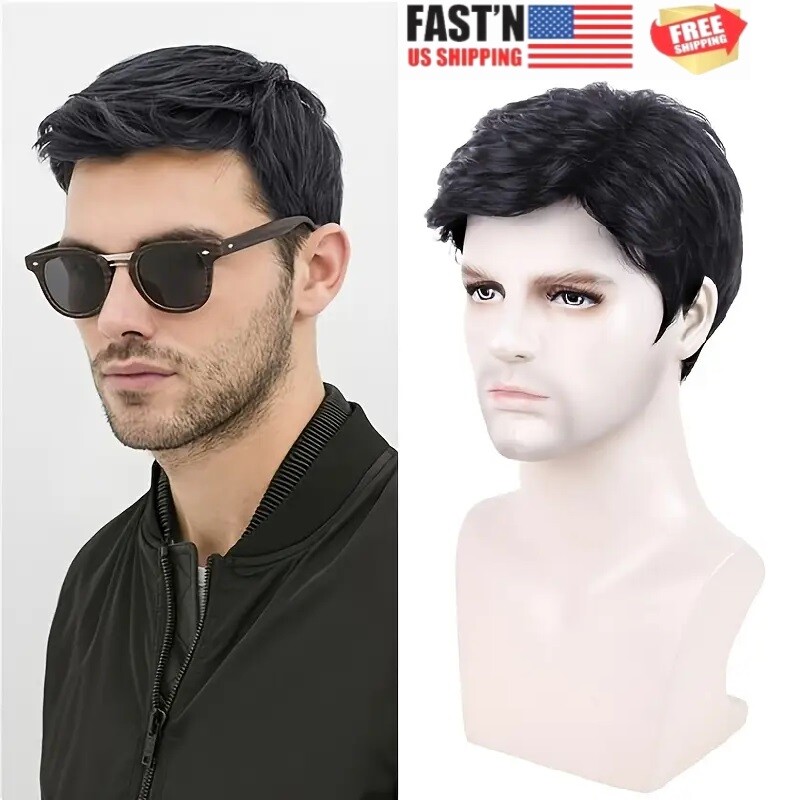 Mens Short Black Wig Short Straight Black Wig Synthetic Heat Resistant Daily Use