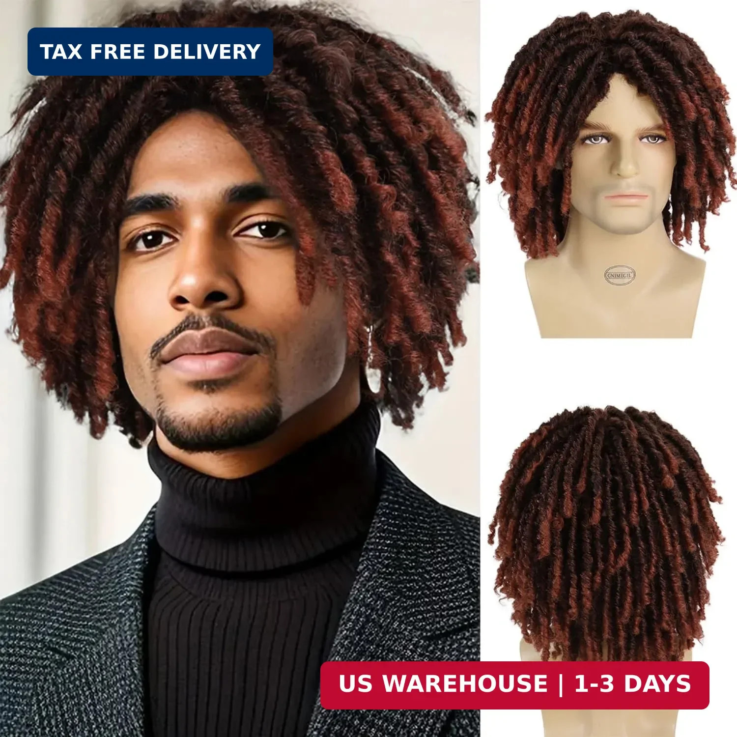 GNIMEGIL Short Fake Dreads Wigs for Men Dreadlock Wig Ombre Auburn Crochet Twist