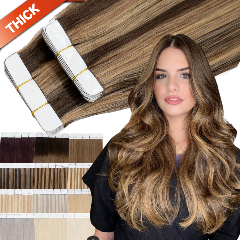 Tape In Invisible Skin Weft Remy Real Human Hair Extensions Full Head Thick-Glue
