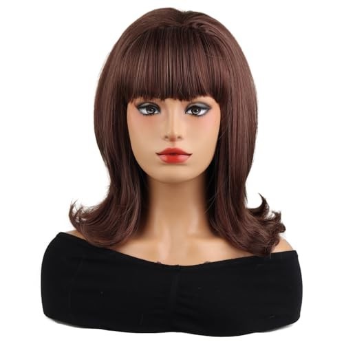 Short Brown Mixed Wig with Bangs – Retro Bouffant Beehive 60s 70s 80s Costume Co