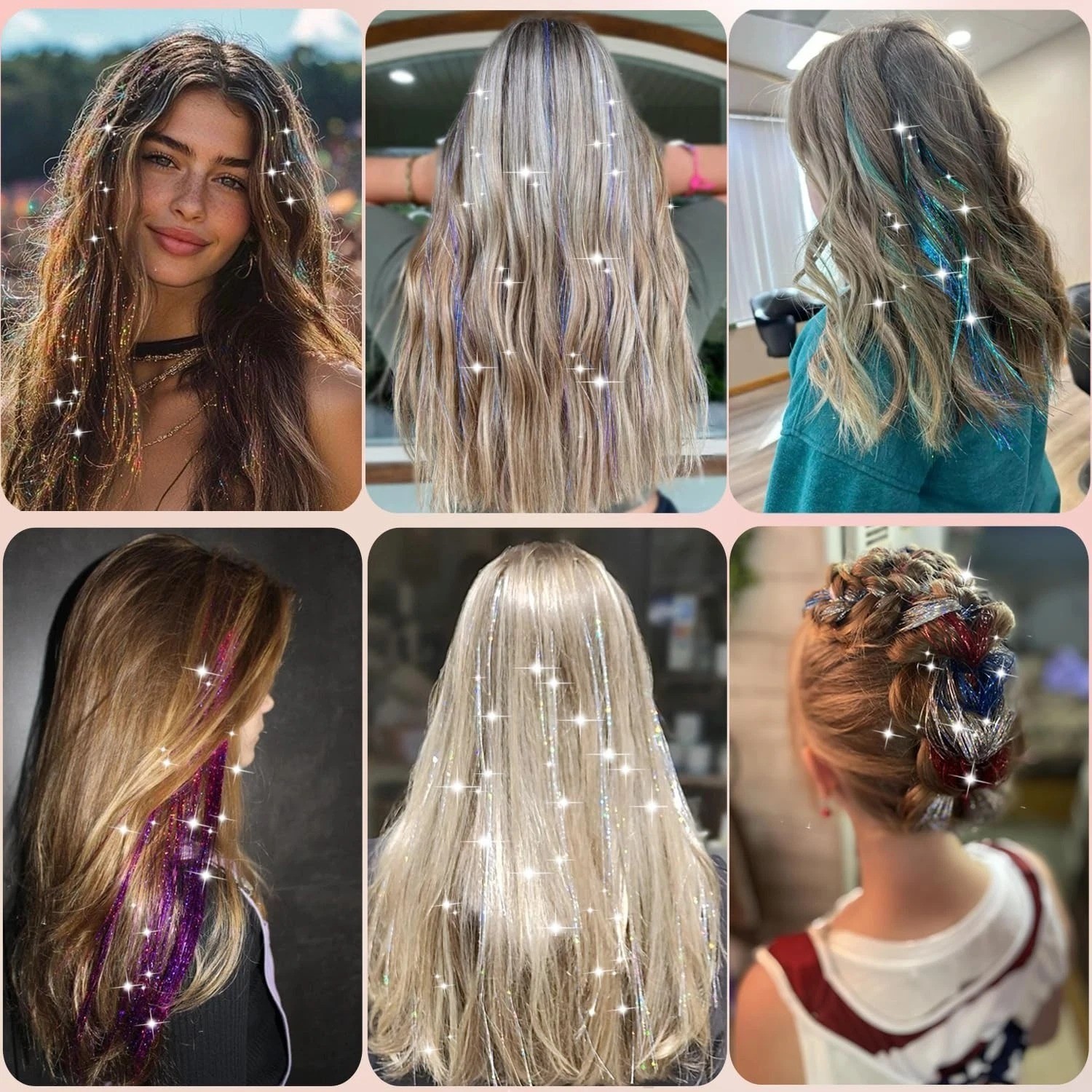 Hair Tinsel Kit, 16 Colors 7200 Strands Glitter Tinsel Hair Extensions Heat Resi