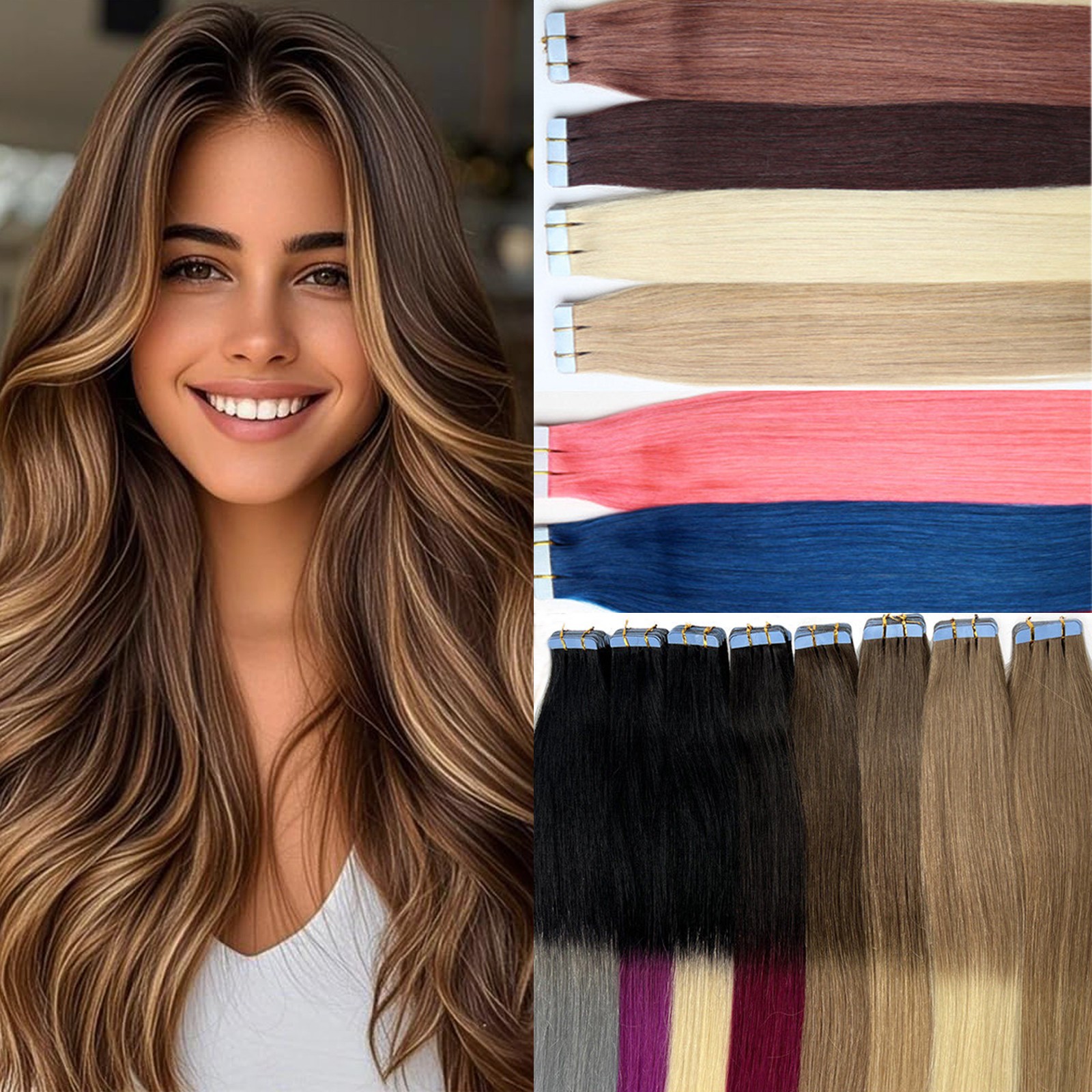 Tape in Real Human Hair Extensions Seamless Skin Weft Remy Russian Hair Straight