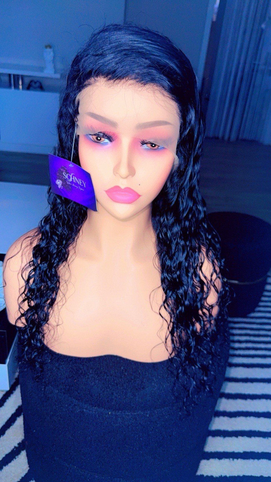 Black Curly Wig for Women with Middle Part, Long Wavy Curly Texture