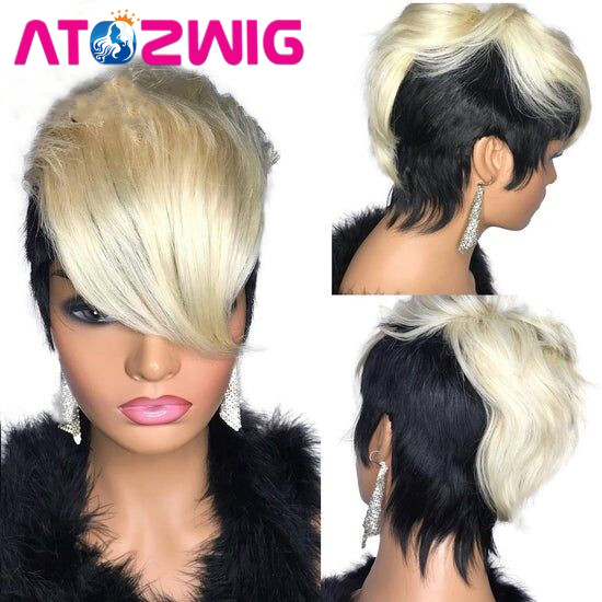 Honey Blonde Ombre Wavy Short Pixie Cut Human Hair Wig With Bangs Fashion Beauty