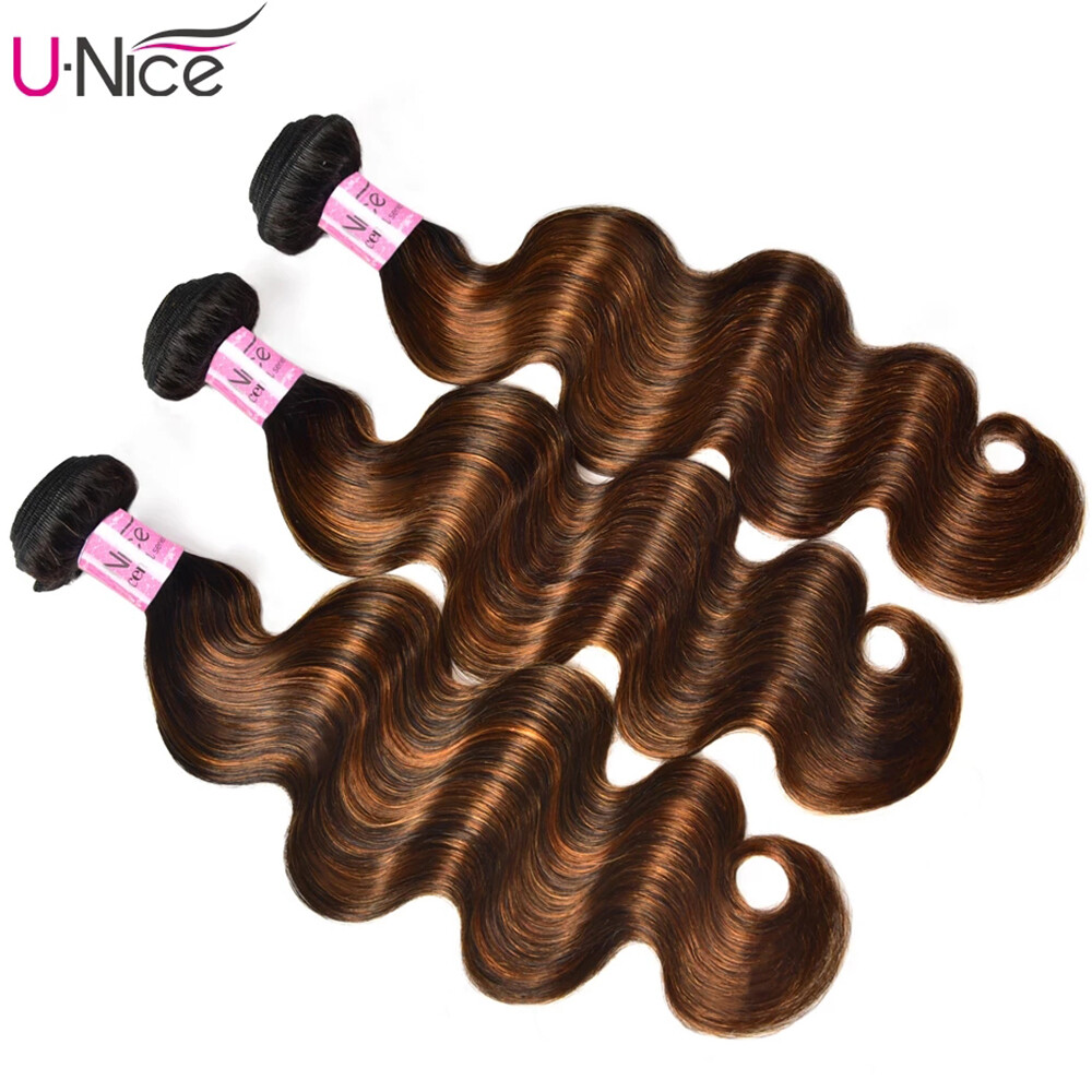 UNice Cambodian Ombre Brown Body Wave Hair Weaves 3 Bundles Human Hair Extension