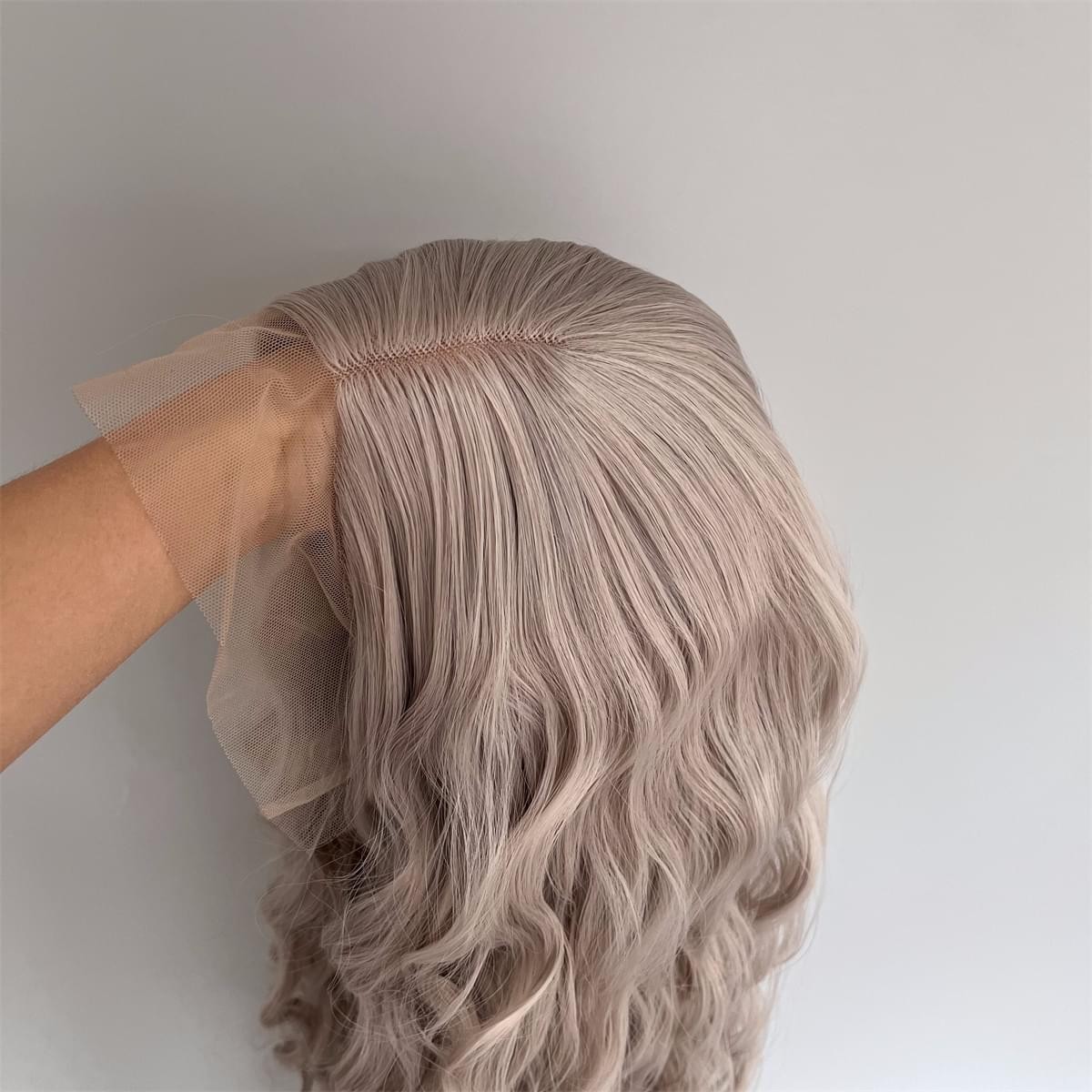 Natural Silver grey Long Wavy Glue Less T Lace Front Wig Synthetic Hair