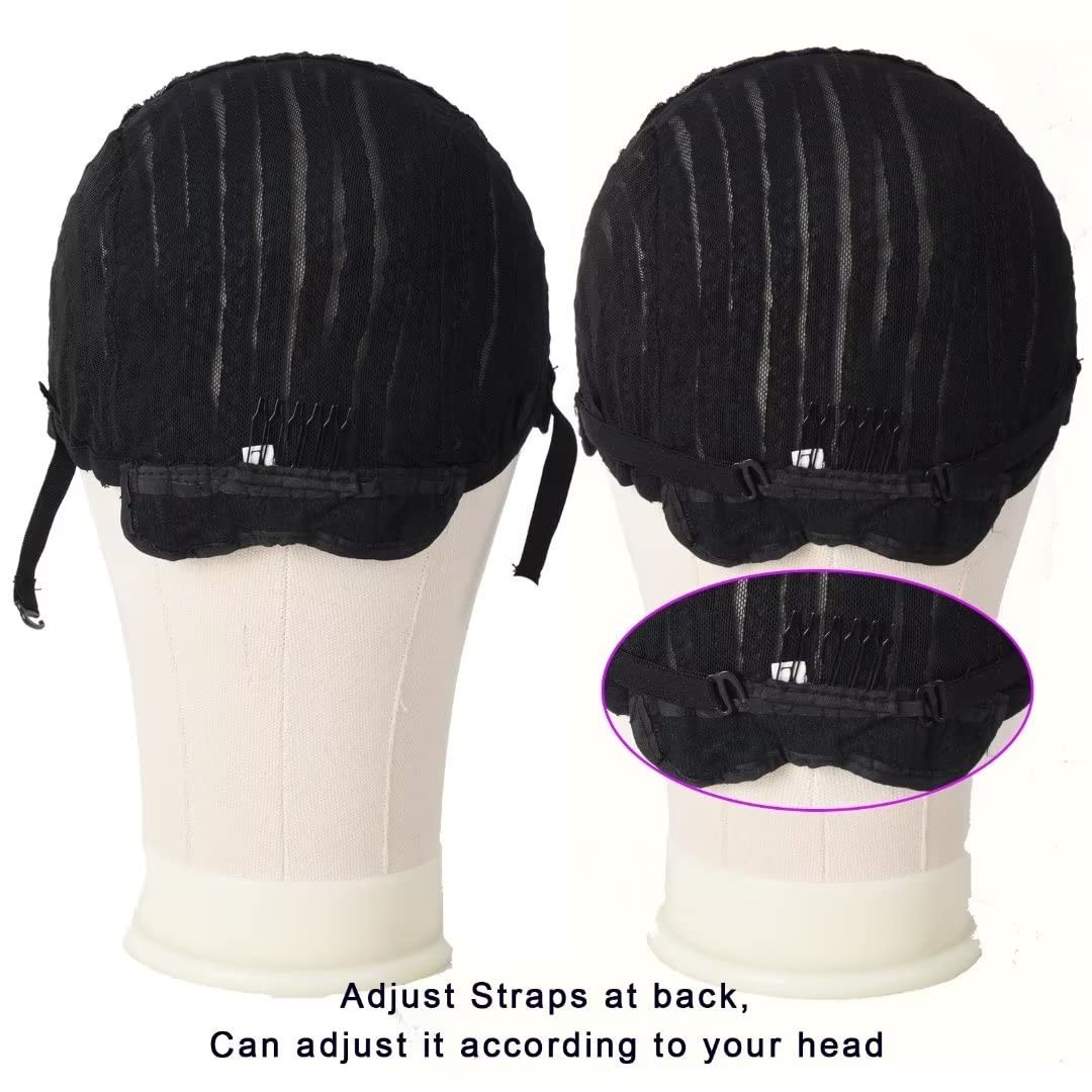 Breathable Black Braided Wig Cap with Adjustable Straps & 2 Combs for Secure Fit
