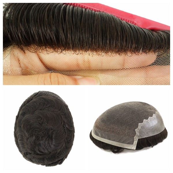 Toupee for Men Human Hair French Lace Hairpiece Black Hair System Q6 7X9 #1B
