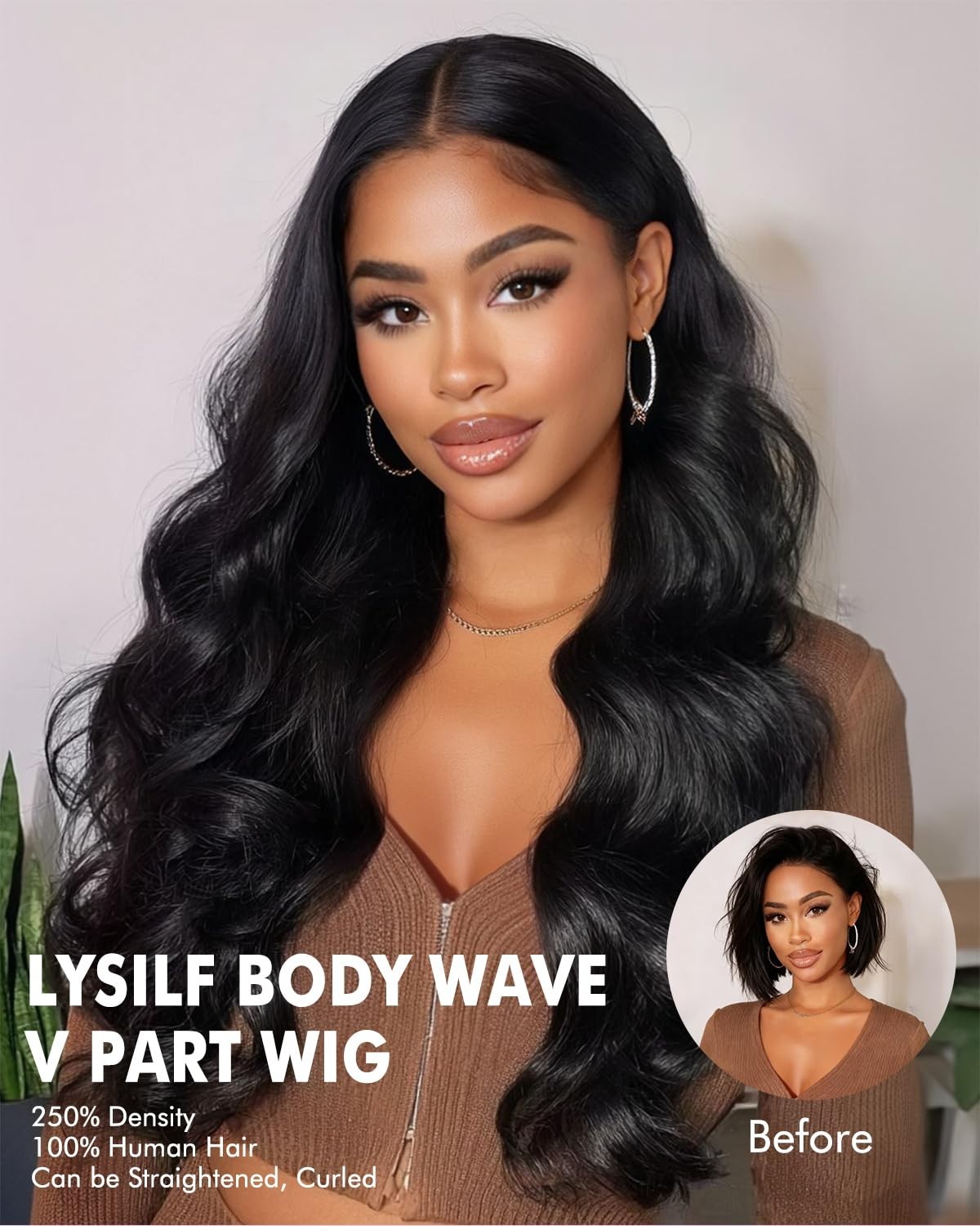 250% Density Body Wave V Part Human Hair Wig – Glueless Clip-In Half Wig, 20 Inc