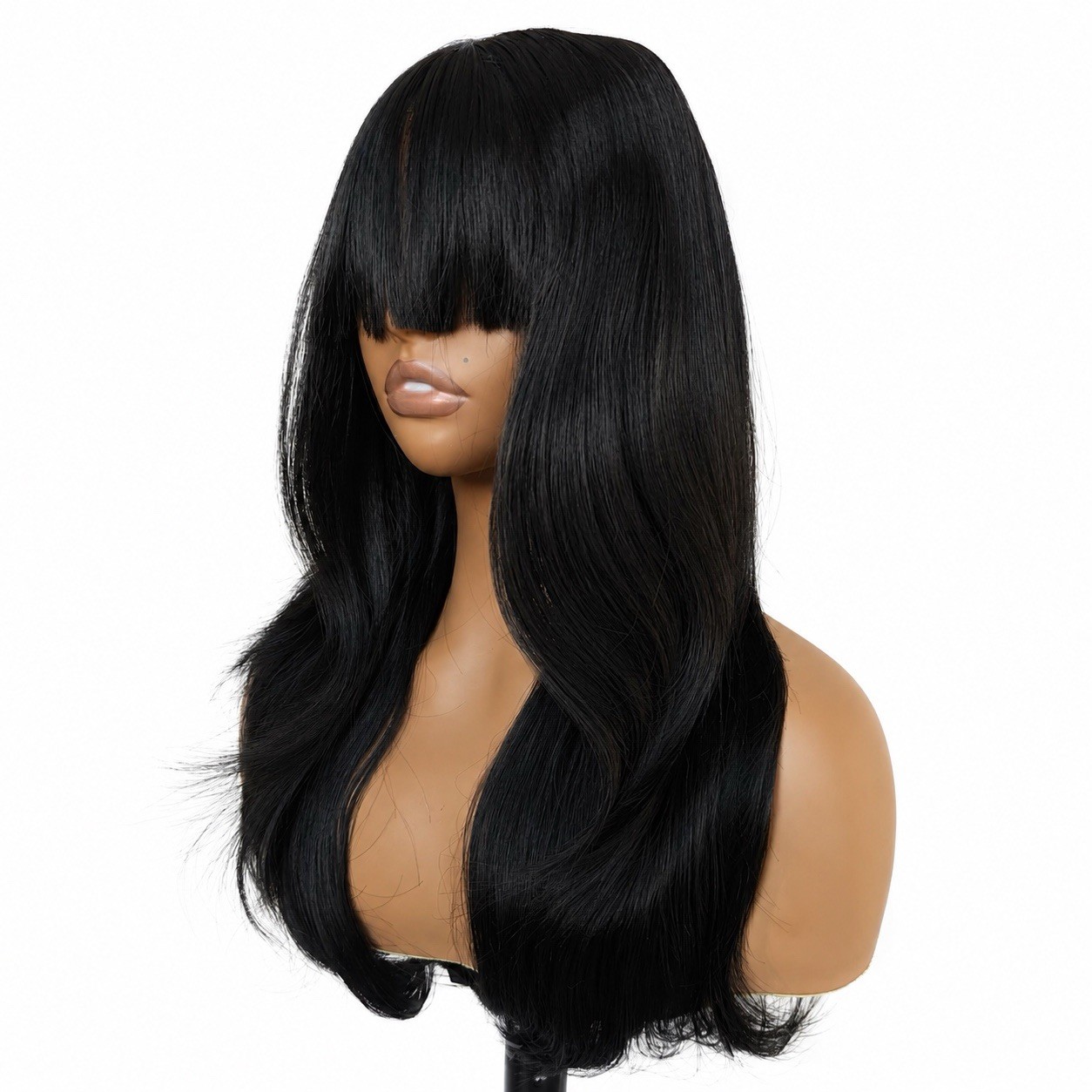 Synthetic Middle-Part Lace Wigs Bangs Loose Wavy Black Heat Resistant Natural