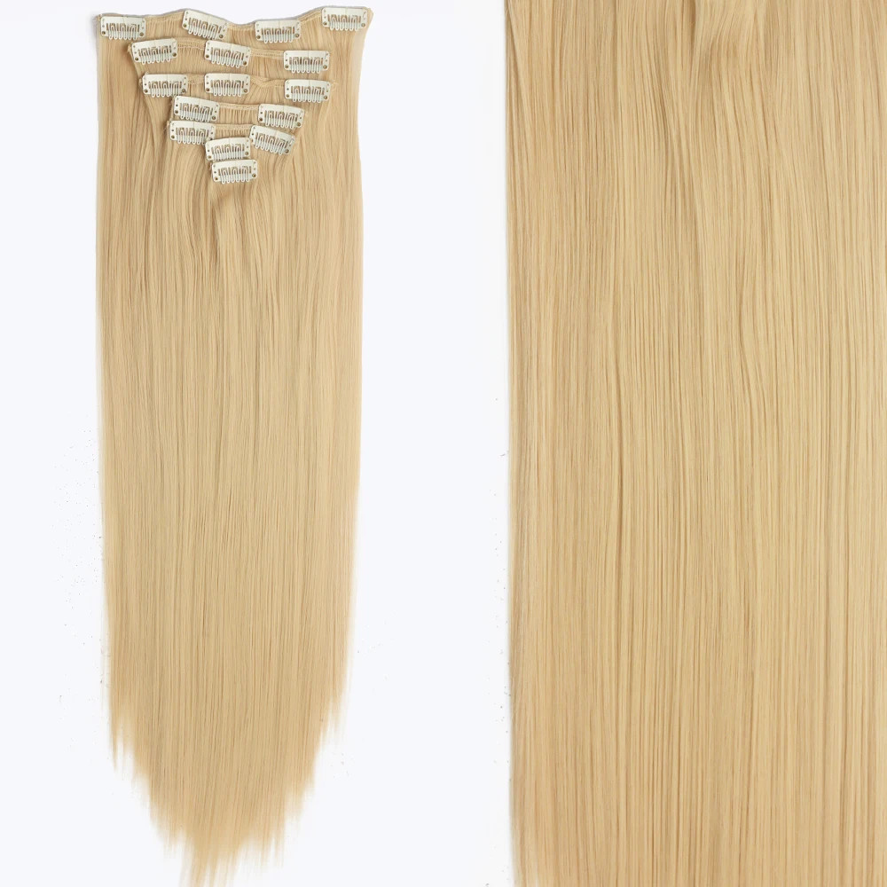 Long Straight 16 Clips 7Pcs Hair Extensions Heat Resistant Blonde Black