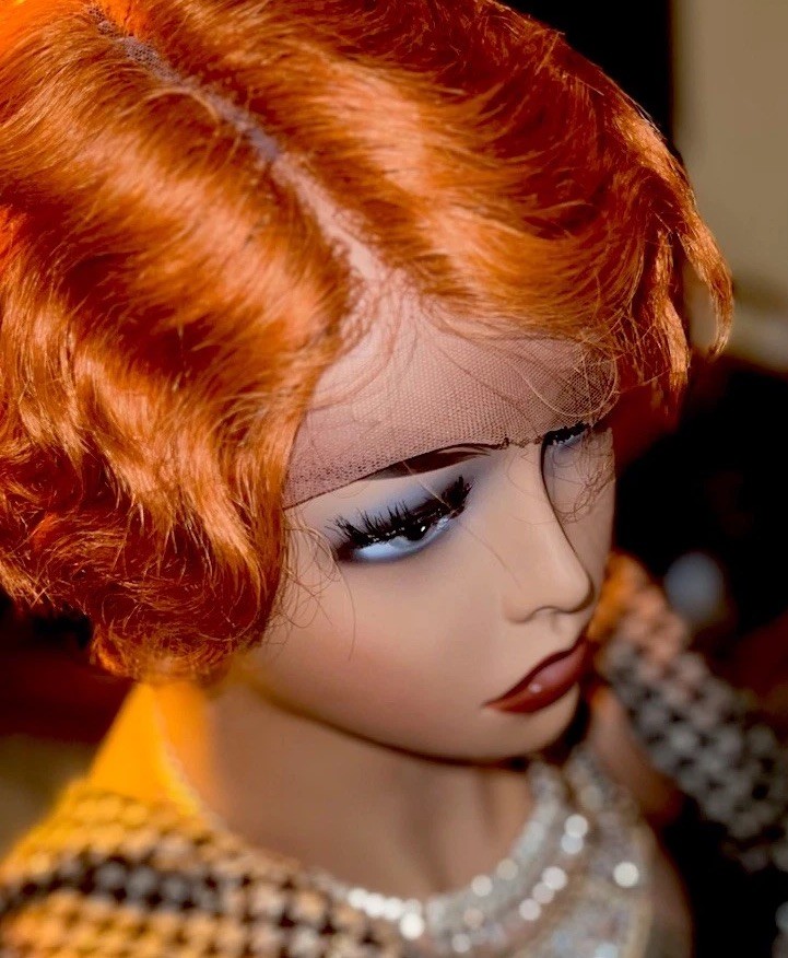 LACE 100% HUMAN HAIR WIG GINGER COLOR FINGER WAVE LIGHT DENSITY 6” PARTING NEW