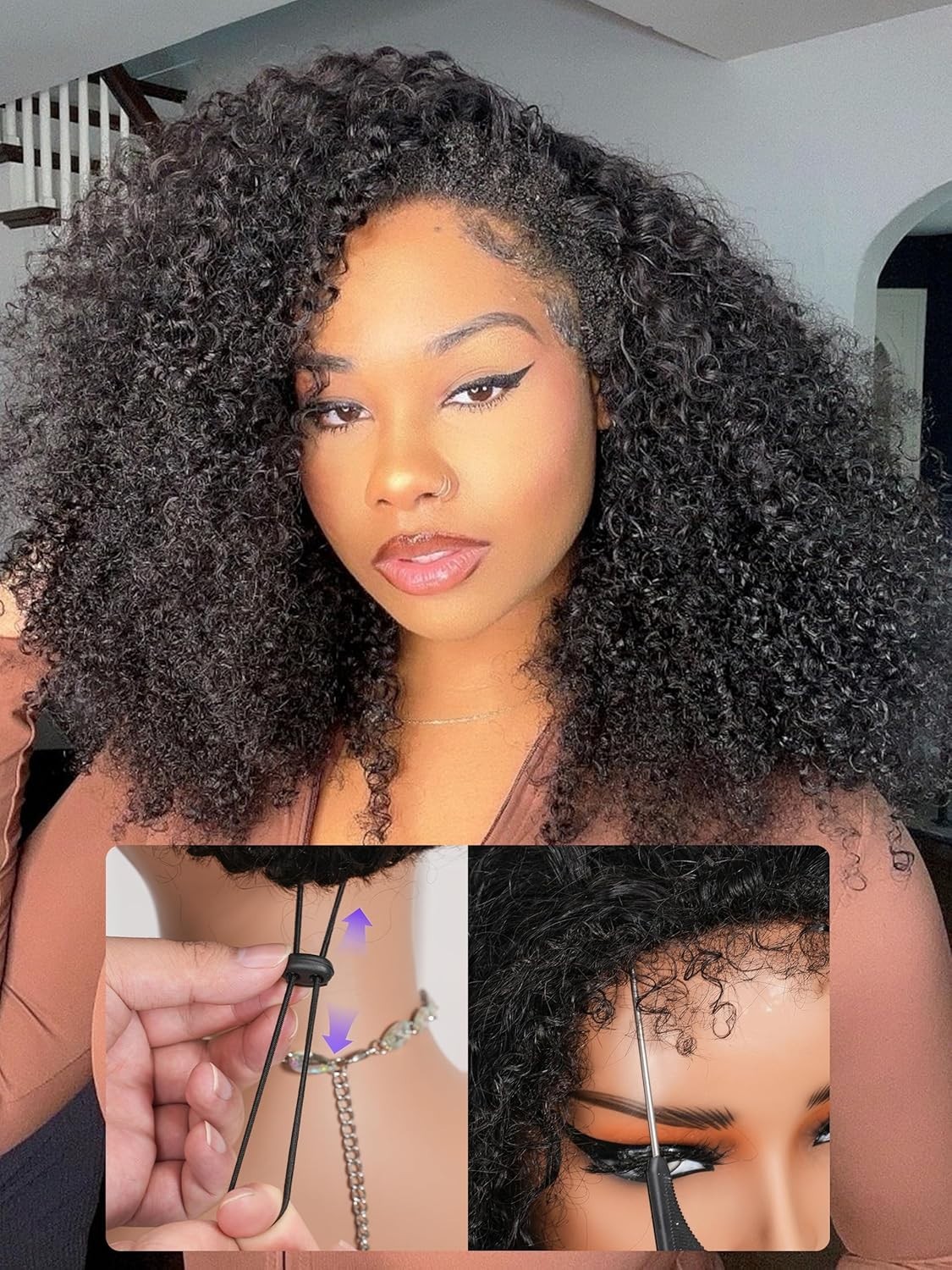 Kinky Curly Half Wig Virgin Human Hair, Seamless 4C Edges, Flip Over Drawstring