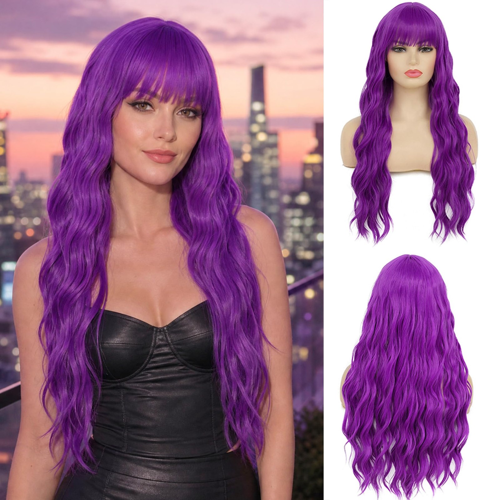 Womens Long Curly Wavy Wig Purple Wigs with Bangs Synthetic Full Wigs for Dai…