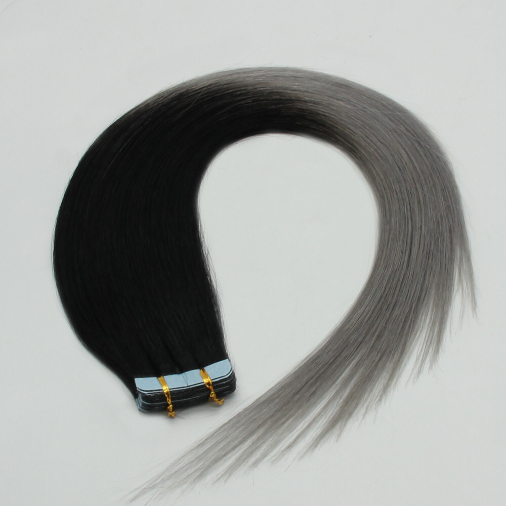 Tape in Human Hair Extensions Skin Wefts Remy Hair Ombre Black to Silver Gray