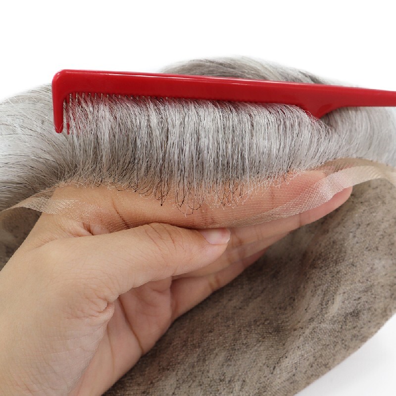 Mens Toupee French Lace Human Hair System Medium Density Grey Hair Pieces #1B80