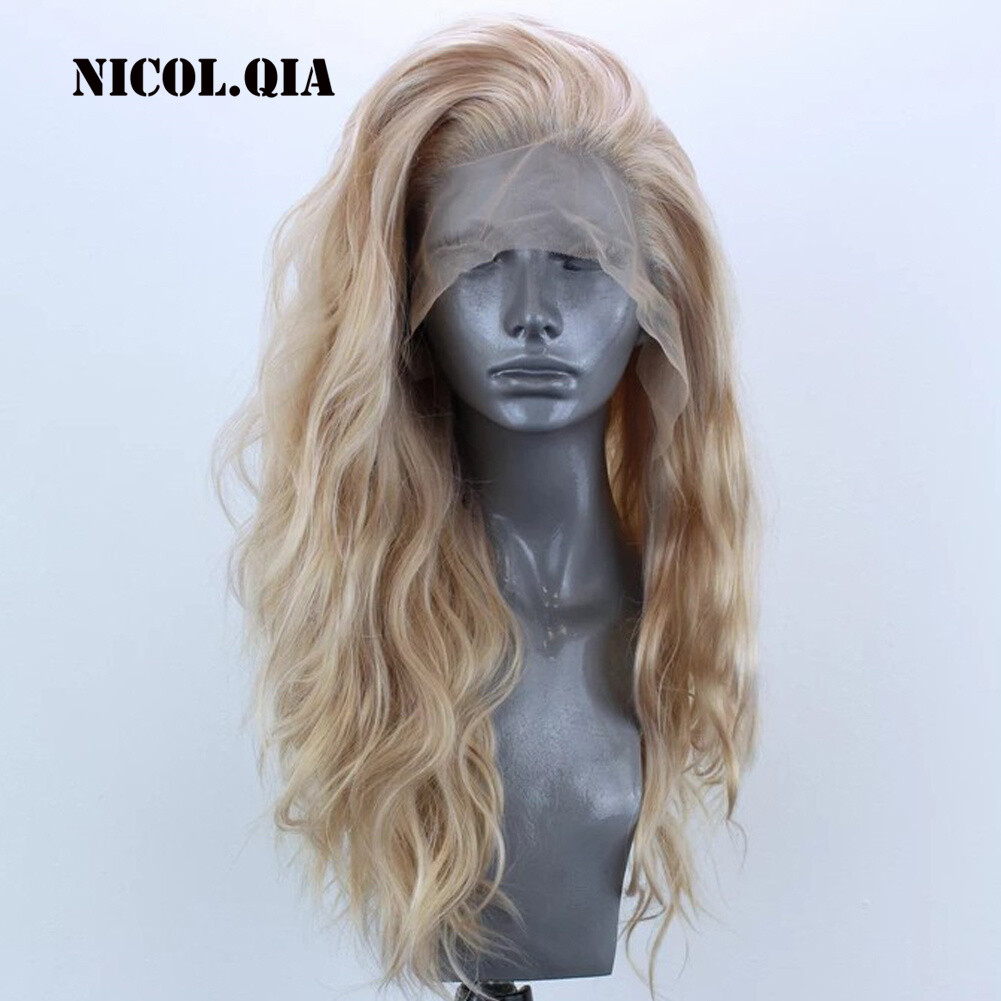 Long Curly Blonde Mix Lace Front Human Hair Blend Wigs Heat OK Women Natural Wig