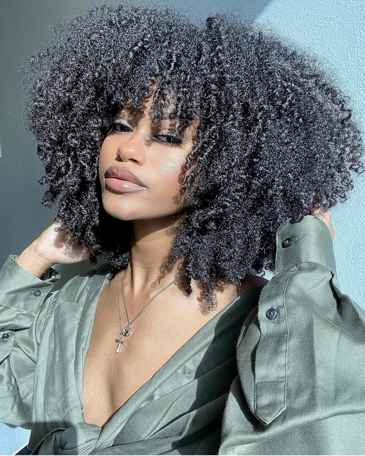 Afro Kinky Curly Wig with Bangs Full Machine Made 300% Density Human Hair Wigs