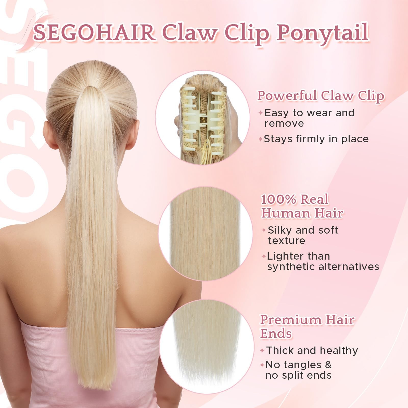 Segohair Human Hair Claw Clip Ponytail Extension 100 Real Human Hair Clip-In