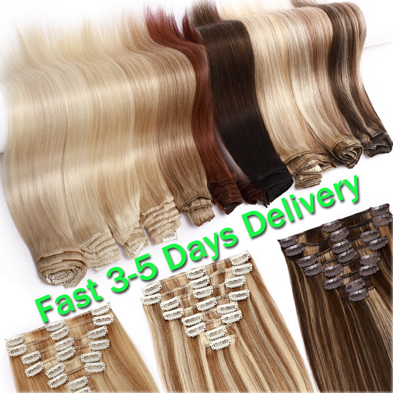 Silky Soft 100% Human Hair Extensions Clip In REMY Full Head 8PCS Mix Blonde US