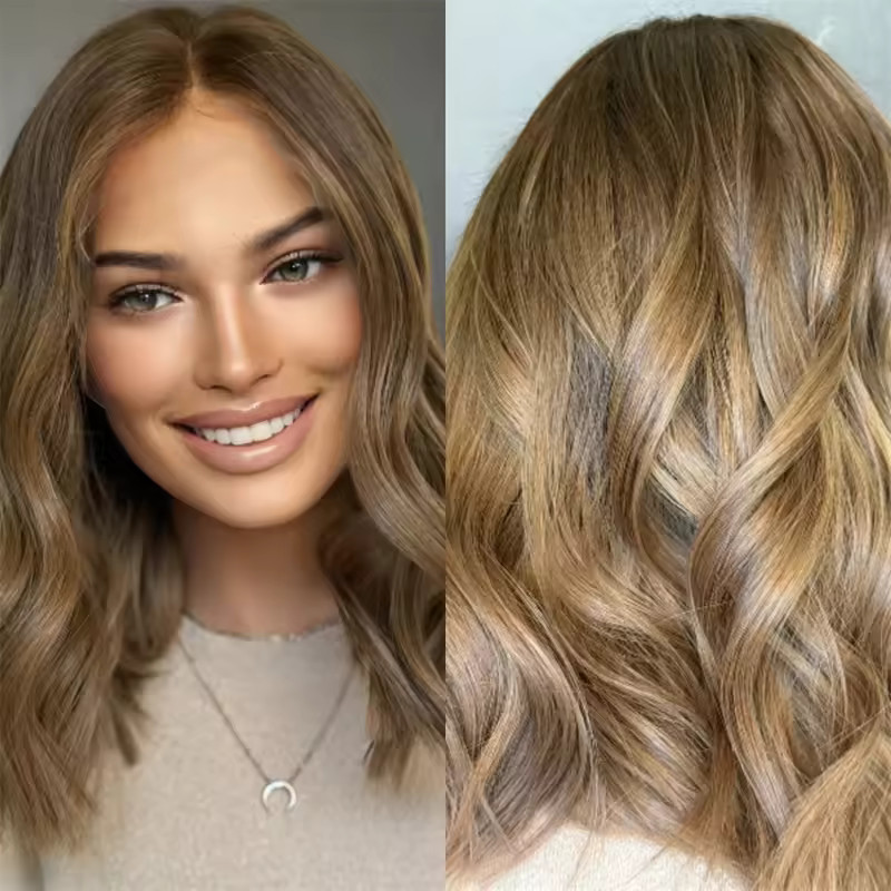 Chestnut Brown Honey Blonde Balayage Highlight 100% Human Hair Lace Front Wigs