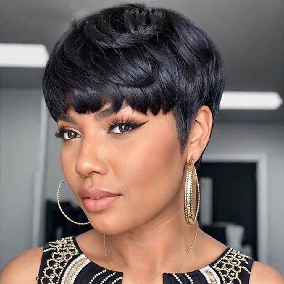 Pixie Cut Straight Human Hair Wigs Black Full Machine Made