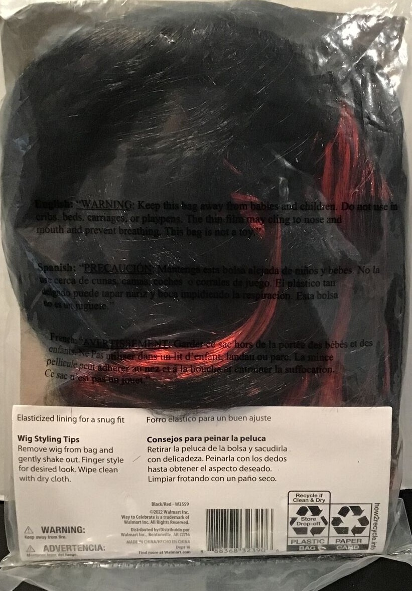 Childs One Size Pigtail Wig Halloween Costume Black with Red, White, or Pink