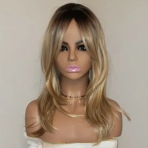 Wig – Human Hair Blend – Golden Blonde Mix Ombre – Layers Bangs Natural Heat OK
