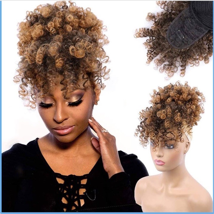 Afro Puff Ponytail W Bangs Wig Kinky Curly Hair Piece T30 Drawstring Black Women