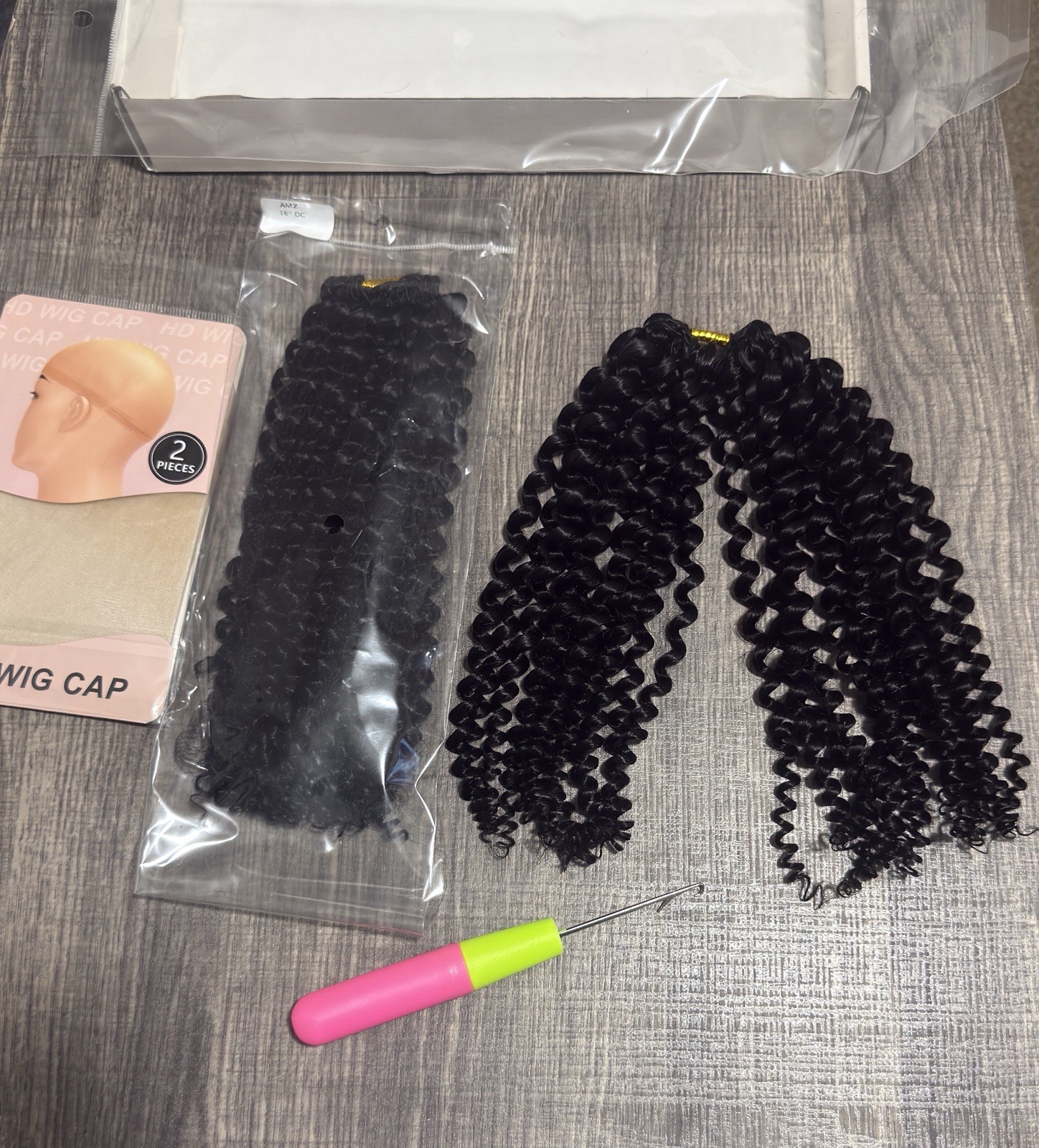 16″ Deep Curly Feather Crochet Hair Extensions with 2pcs Cap and hook Tool