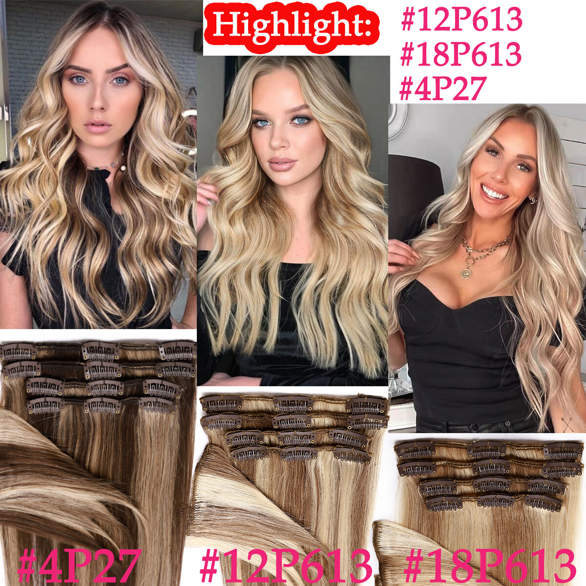 CLEARANCE Clip In 100% Human Hair Extensions 8 PIECES Standard Full Head Weft US