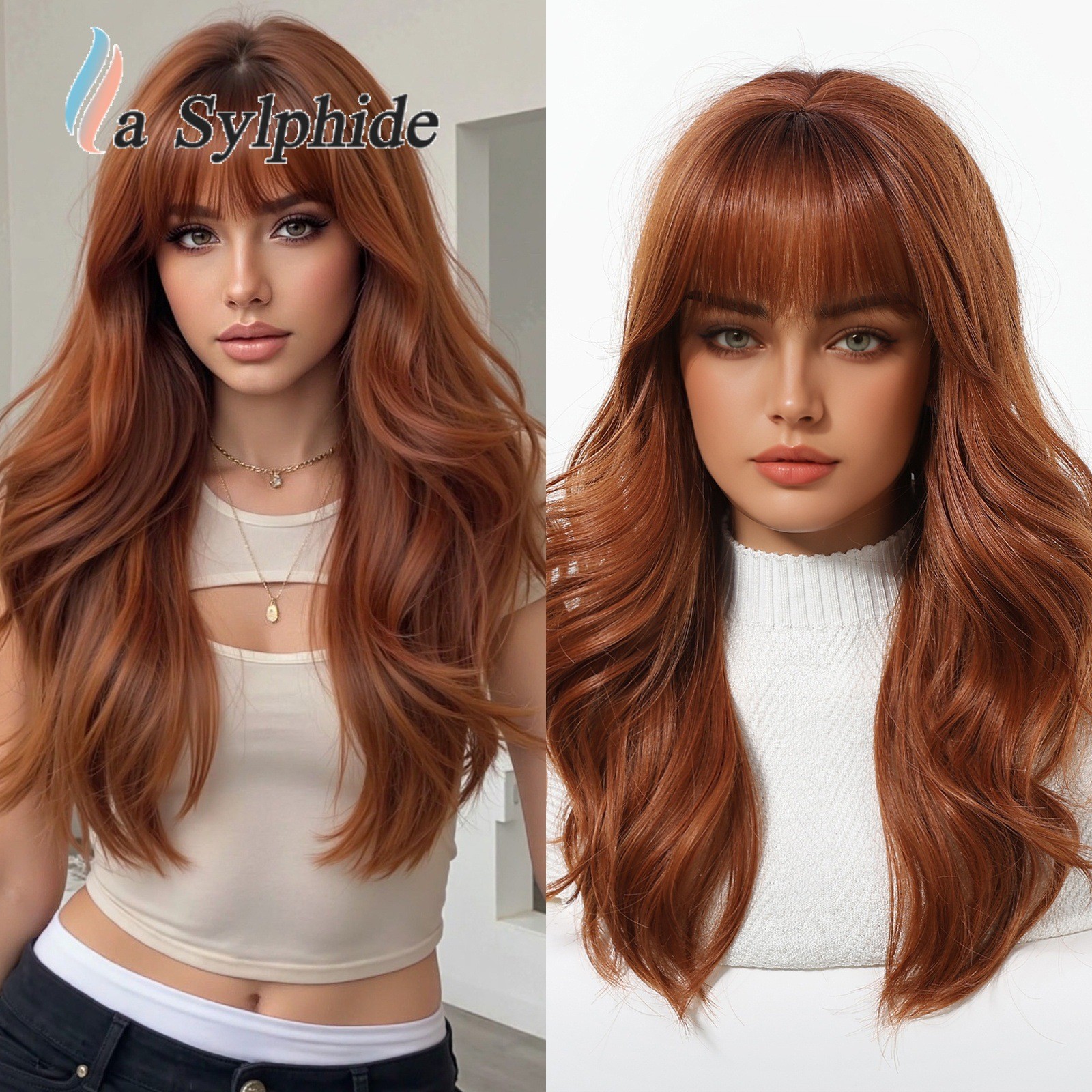 Orange Big Outward Curl Wig with Bangs Rose Net Cap Synthetic Natural Fashion