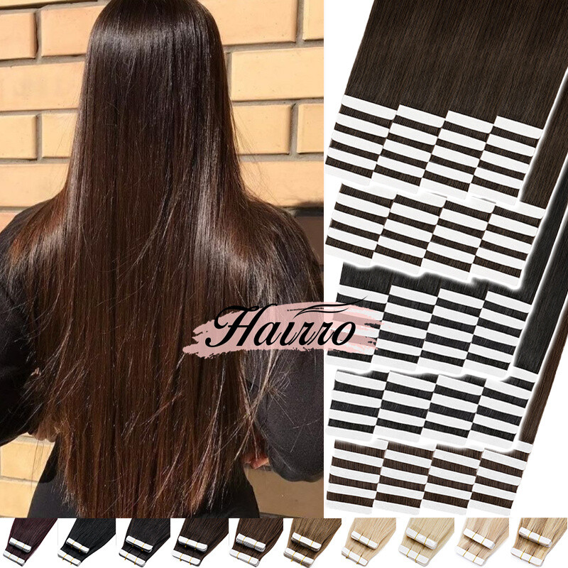 10-40PCS Tape In Thick 100% Remy Human Hair Extensions Skin Wefts Brown Black