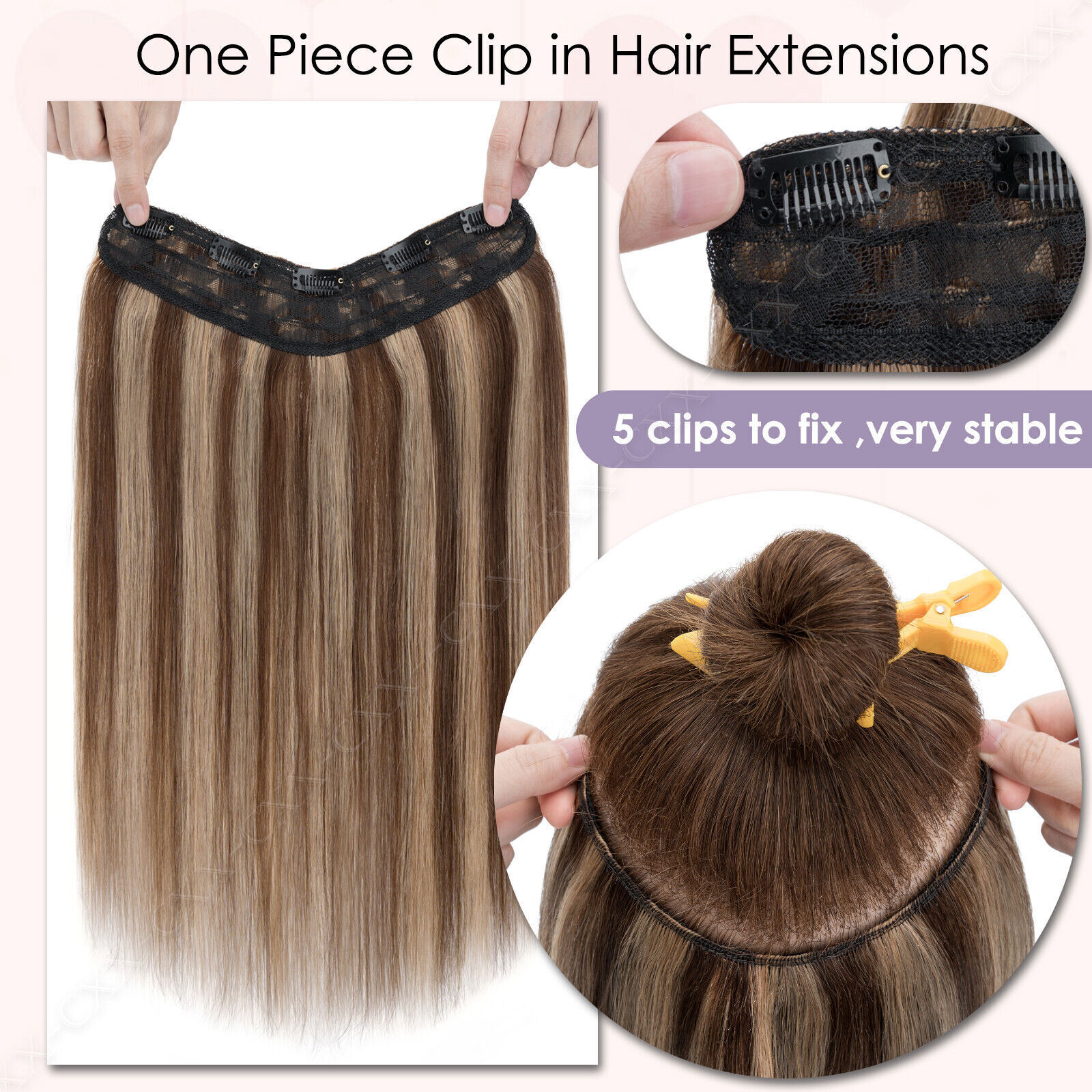 One Piece V Shape 100% Real Clip in remy Human Hair Extensions Highlight