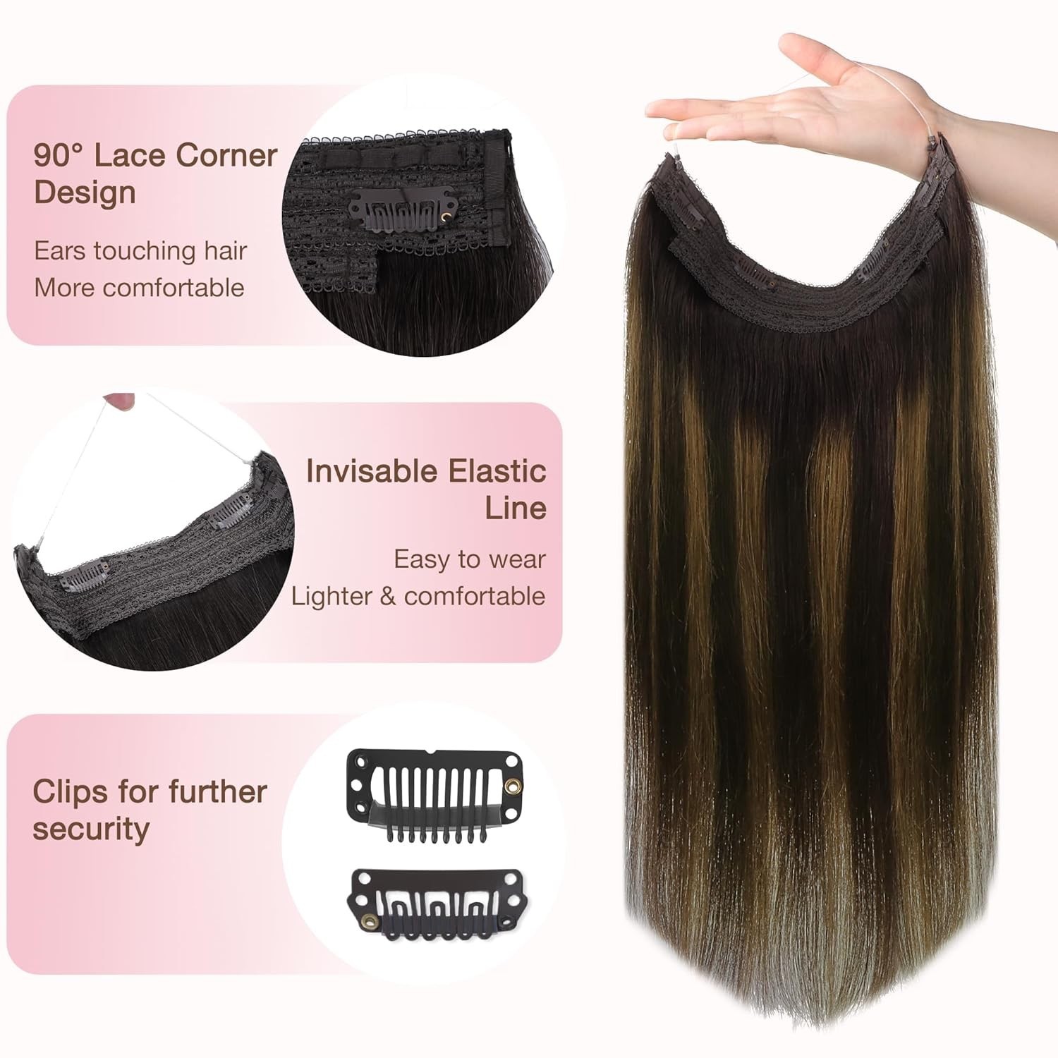 GOO GOO Wire Hair Extensions Human Hair 16in 125g Balayage Black Brown Invisible